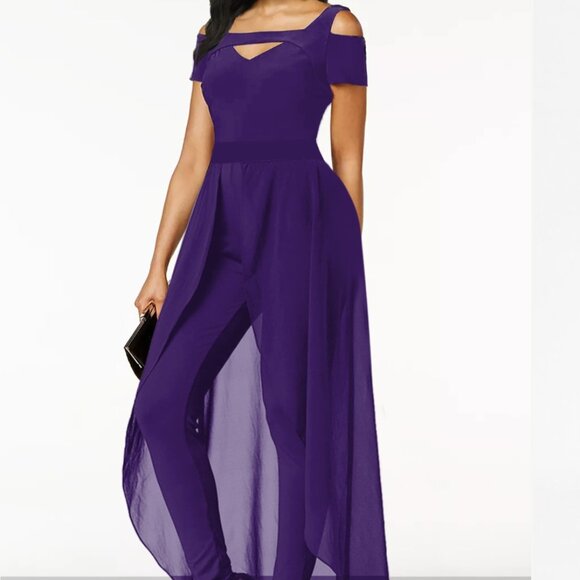 Purple asymmetry off the shoulder jumpsuit - Picture 1 of 1